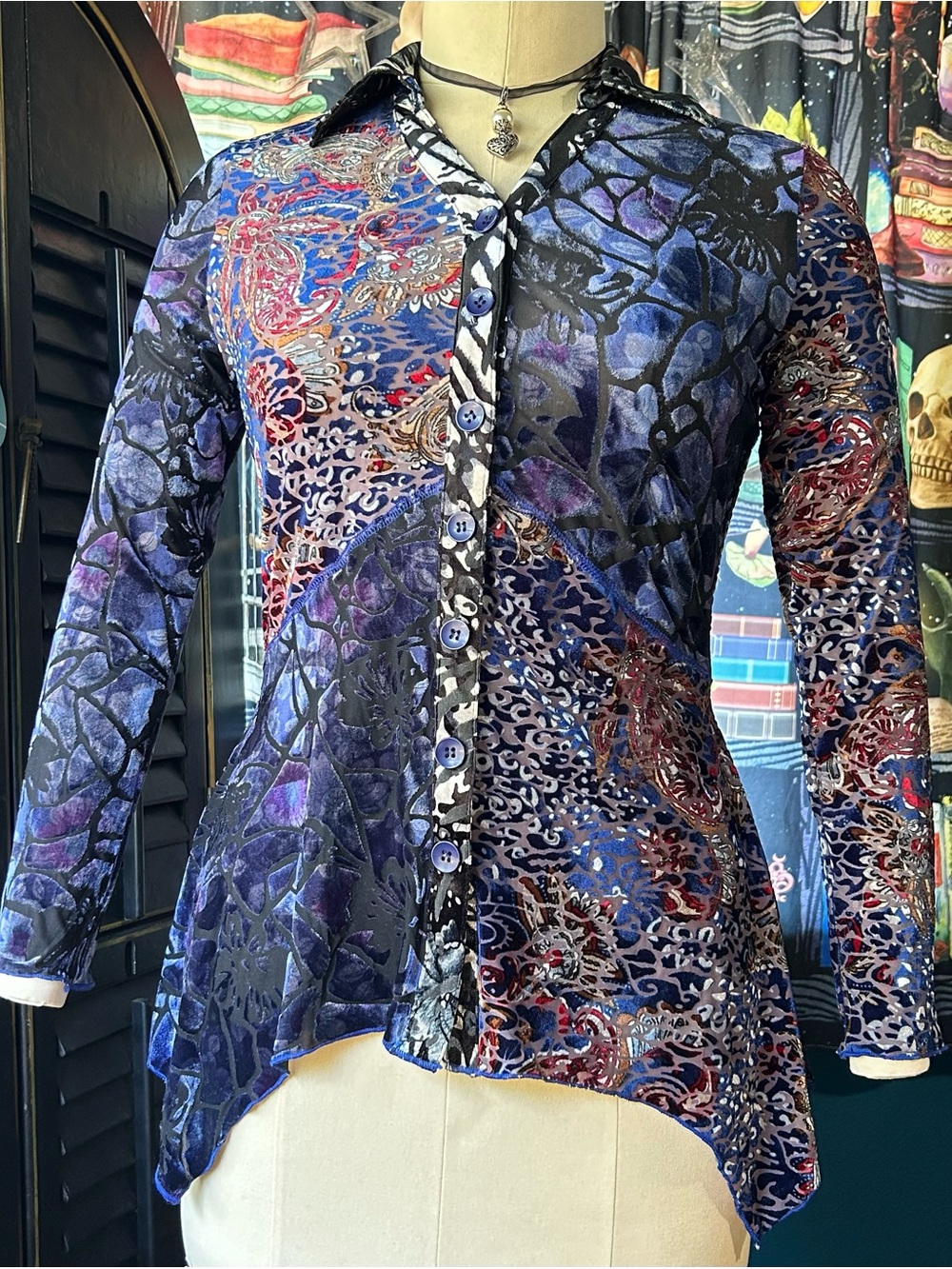 Women's Blue Patch Work Mixed-Print Vintage Inspired Witchy Button-Down Shirt